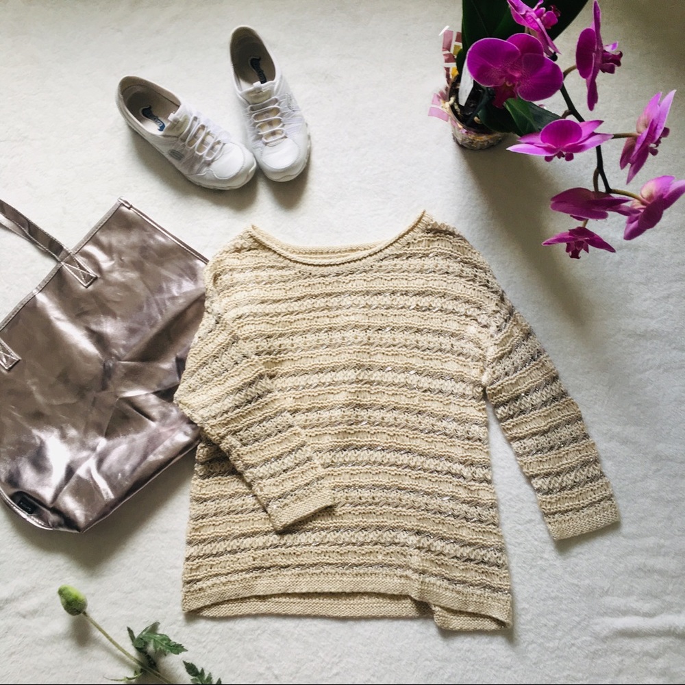 Lucky Brand silver beige knit striped sweater